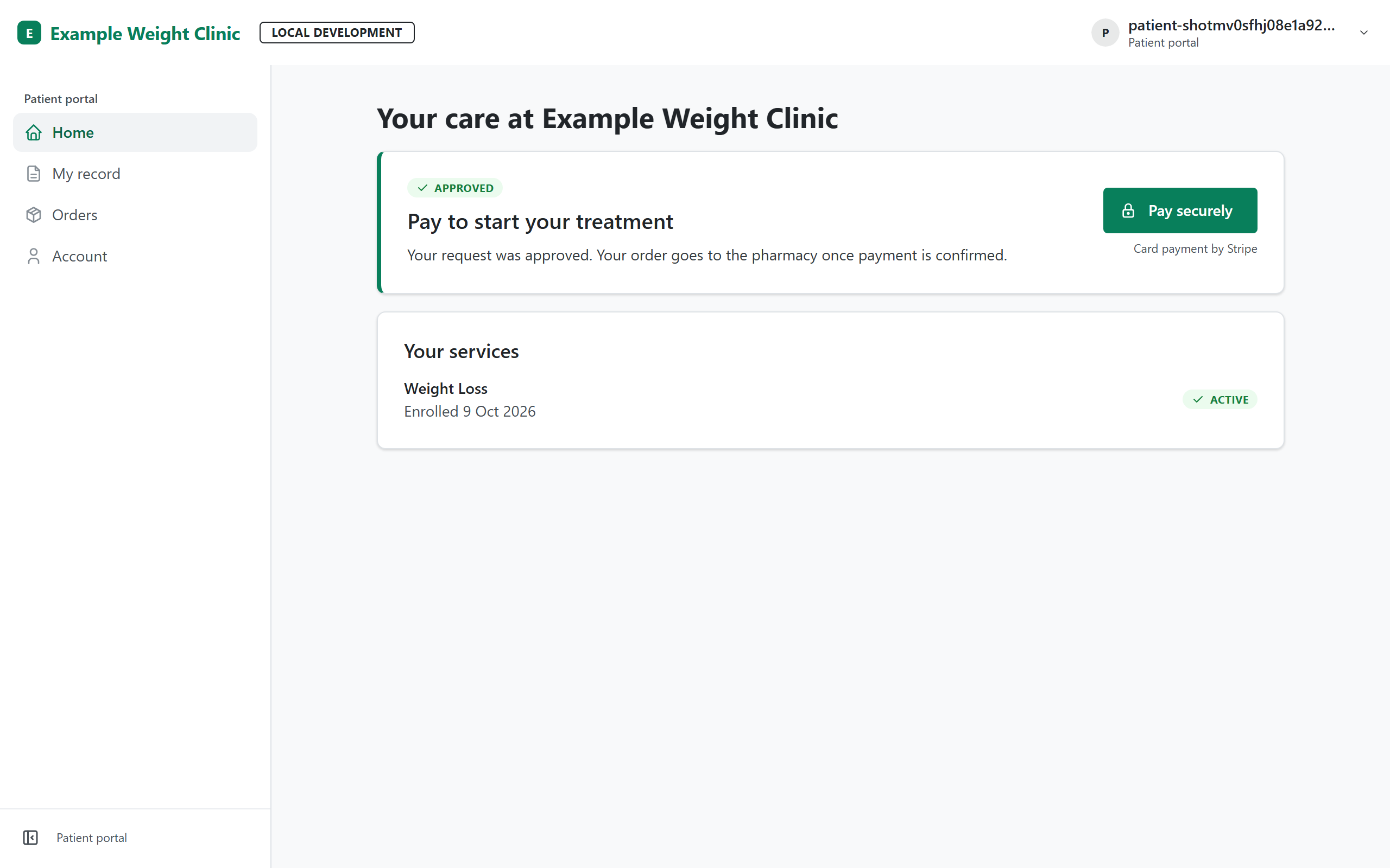 Pathlyn patient portal for a fictional clinic showing an approved request ready for payment